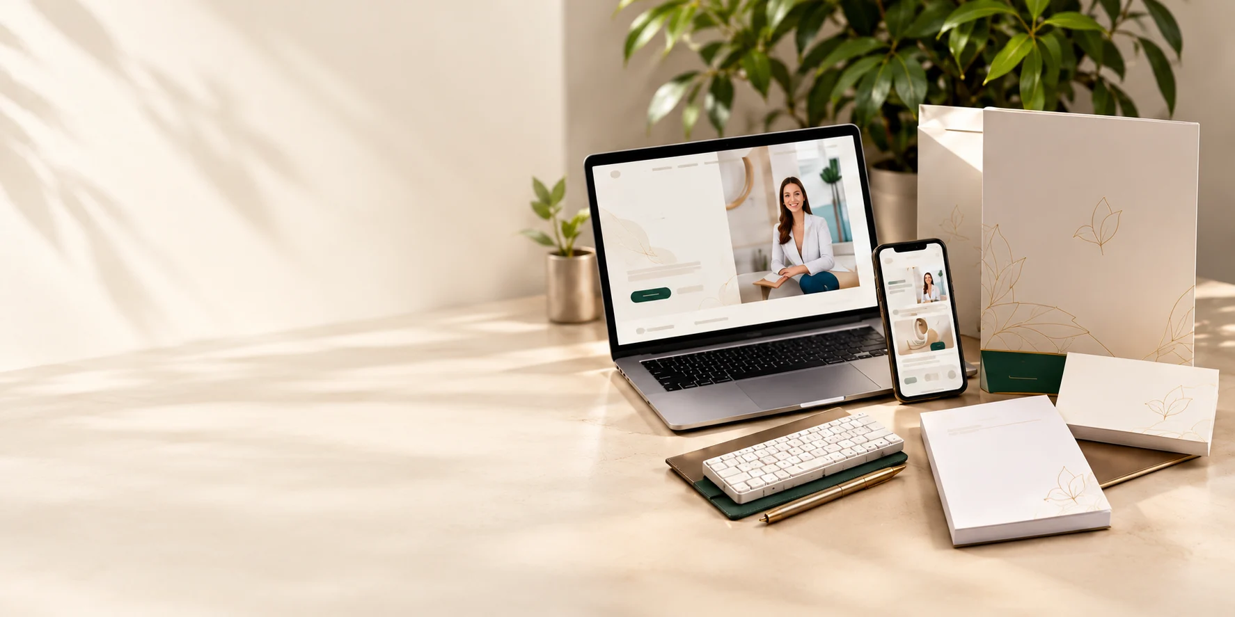 Composição ilustrativa de site para saúde, mini site e papelaria personalizada
